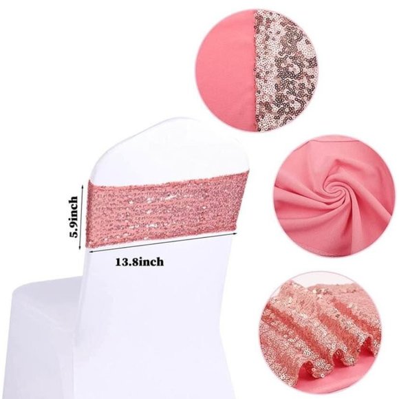 50 pieces | Rose Gold Sequin Chair Sashes Stretch Spandex Bands Sparkling - Picture 3 of 5